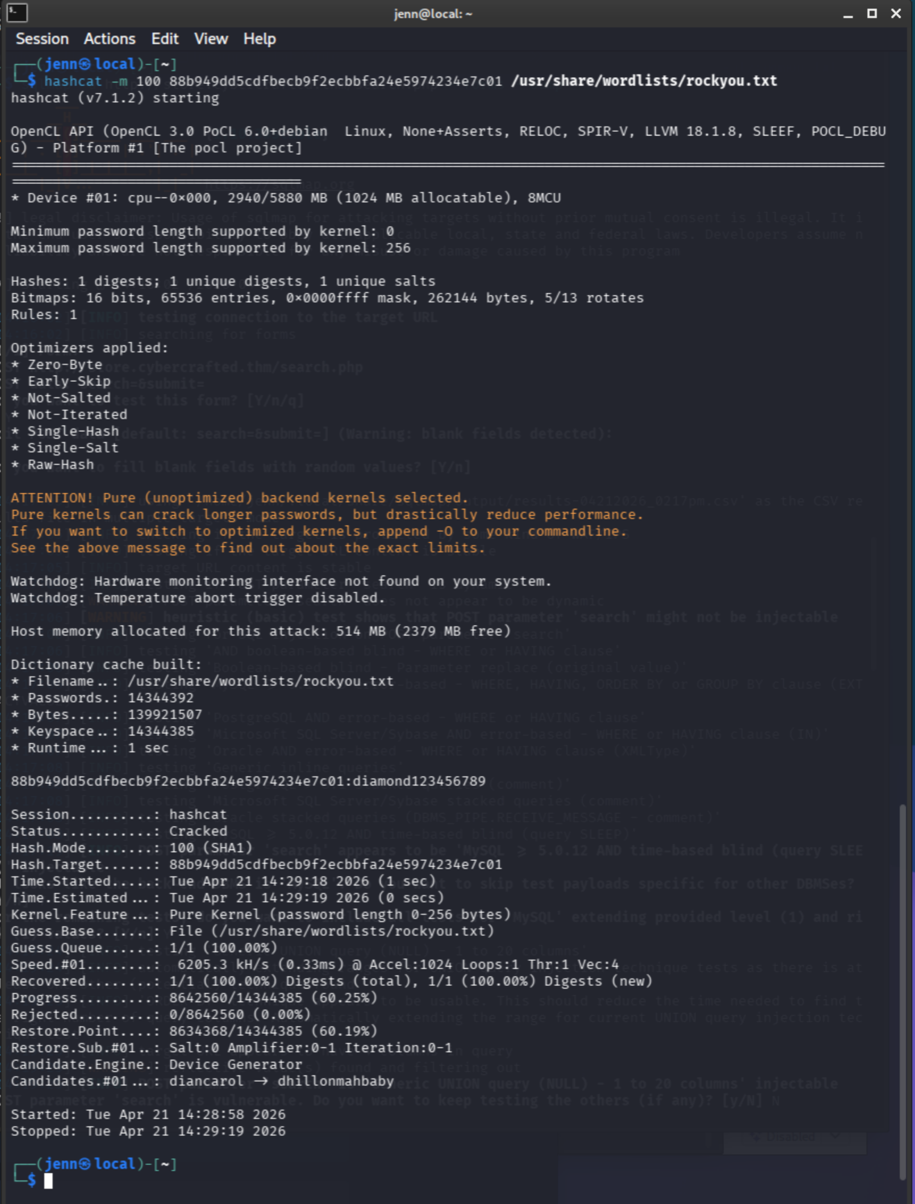 hashcat cracking SHA1 to diamond123456789